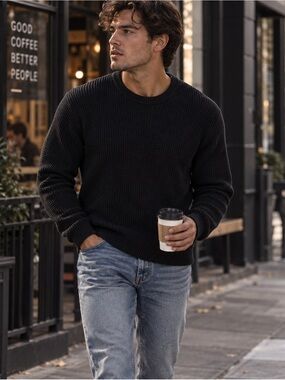 Express Waffle Knit Cotton Crewneck Sweater Black Sz L